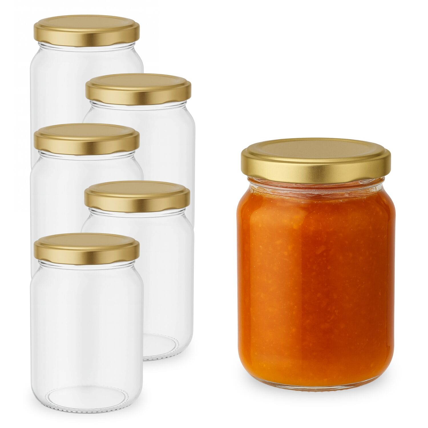 Set 6 barattoli in vetro con tappo dorato per conserve marmellate e salse