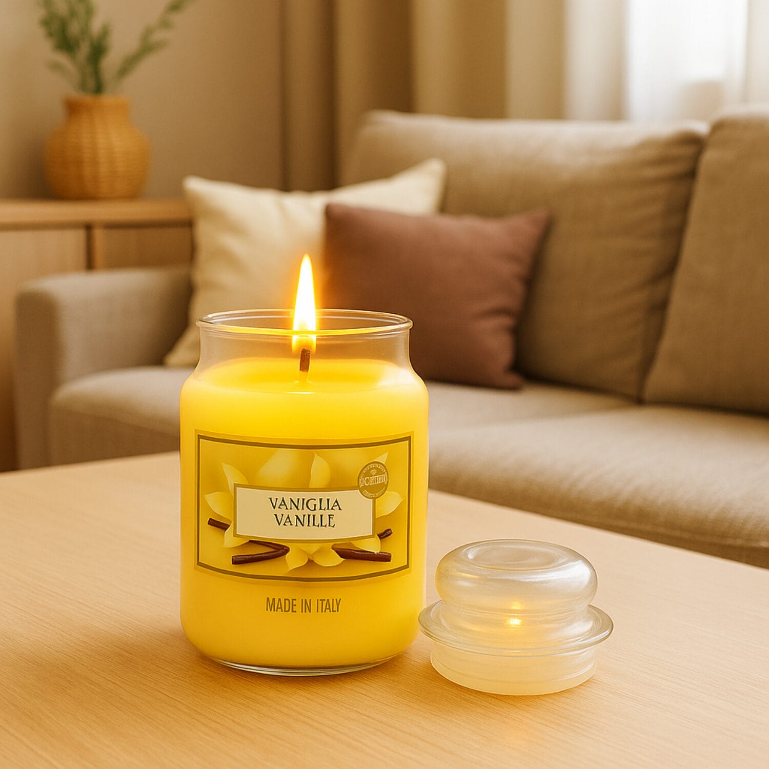 11-candela-vaniglia-coreografica Candela profumata vaniglia accesa in soggiorno accogliente