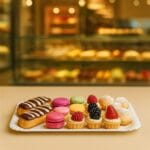 Vassoio bianco cartone con dolci assortiti, ideale per pasticcerie e catering