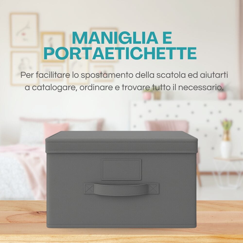 Contenitore Oxford con maniglia e porta etichette per facile catalogazione