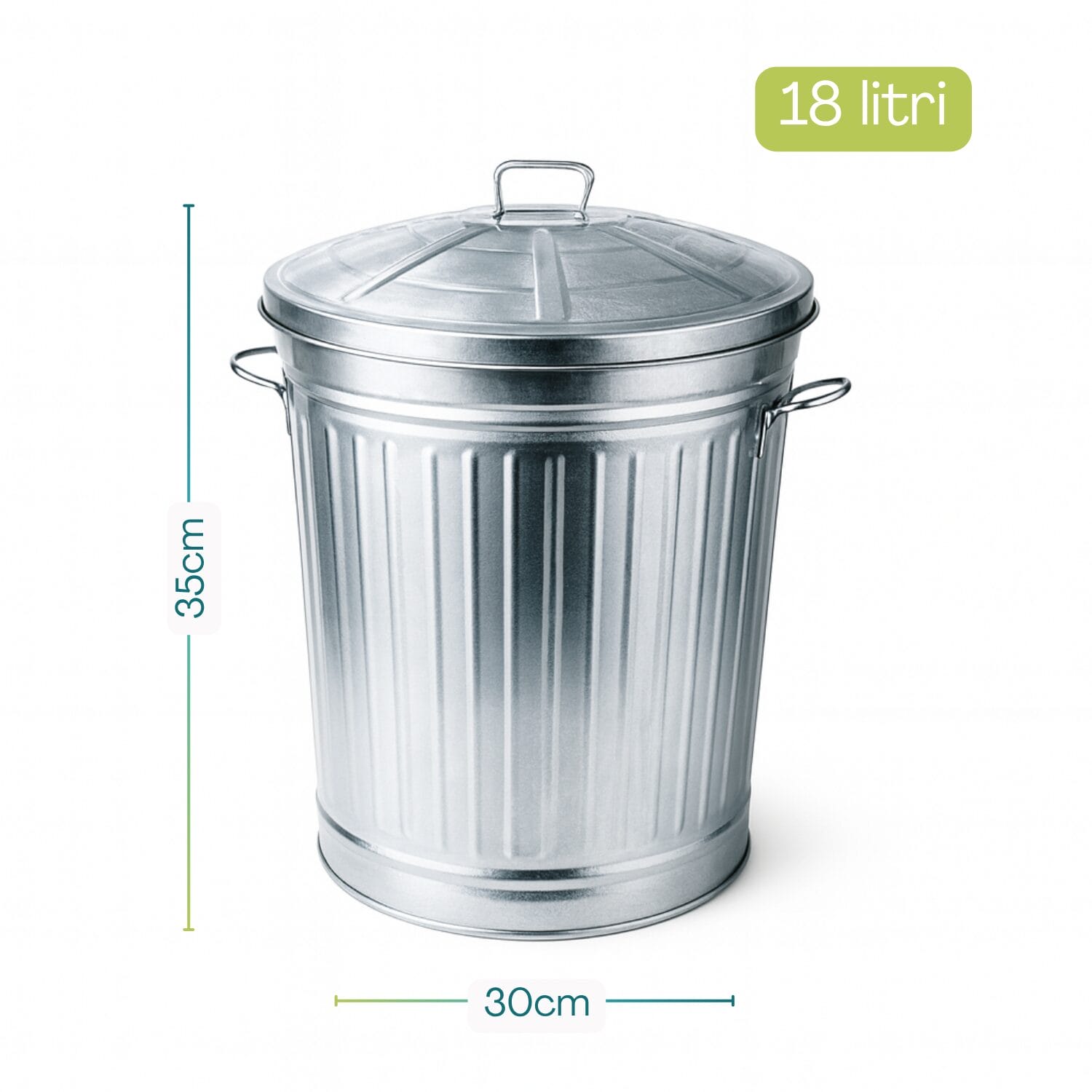 Bidone in metallo zincato da 18 litri con coperchio, diametro 30 cm e altezza 35 cm