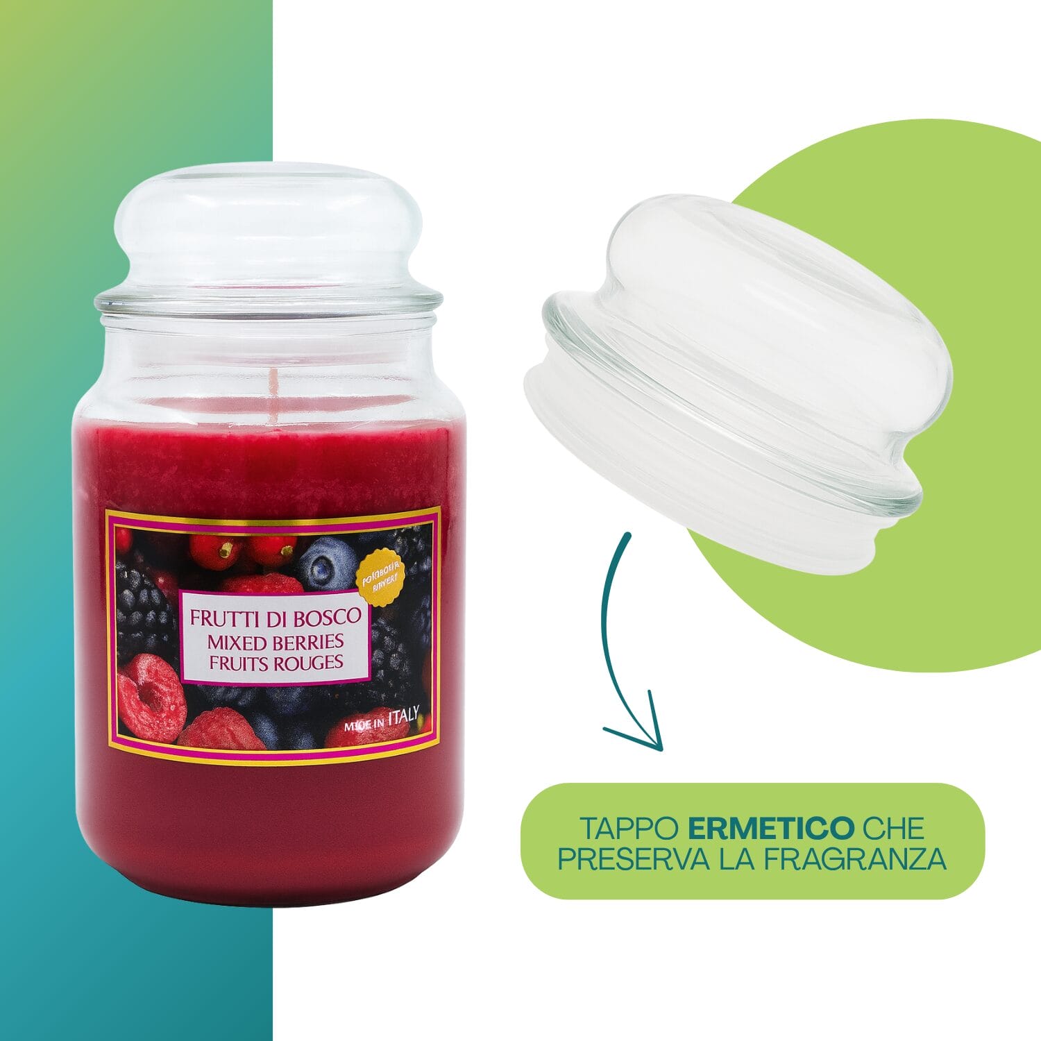 Candela frutti di bosco con tappo ermetico che conserva l’aroma