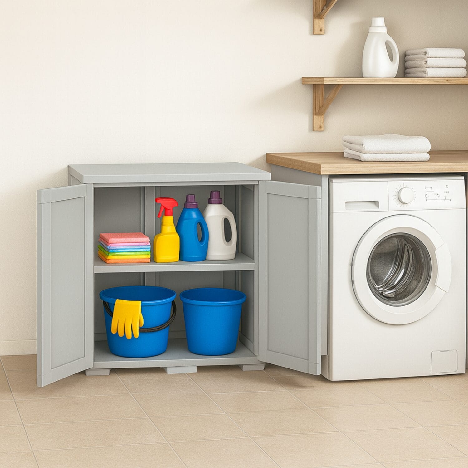 Mobile Paluplus grigio ambientato in lavanderia con secchio e detersivi