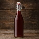 Bottiglia in vetro con bevanda rossa su sfondo rustico in legno