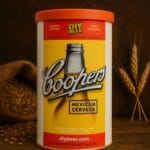 Lattina malto Coopers Mexican Cerveza ambientata con grano e orzo rustico