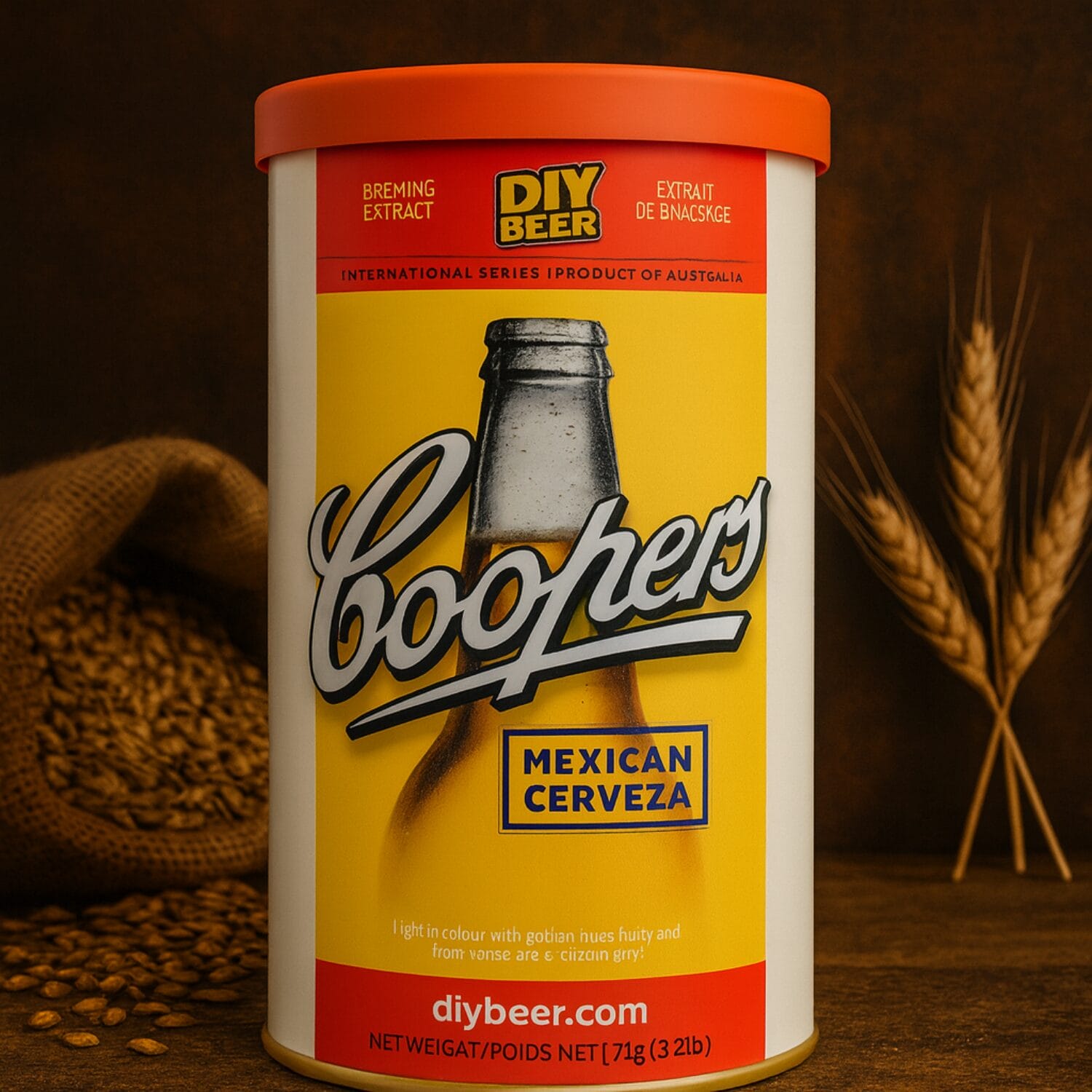 Lattina malto Coopers Mexican Cerveza ambientata con grano e orzo rustico