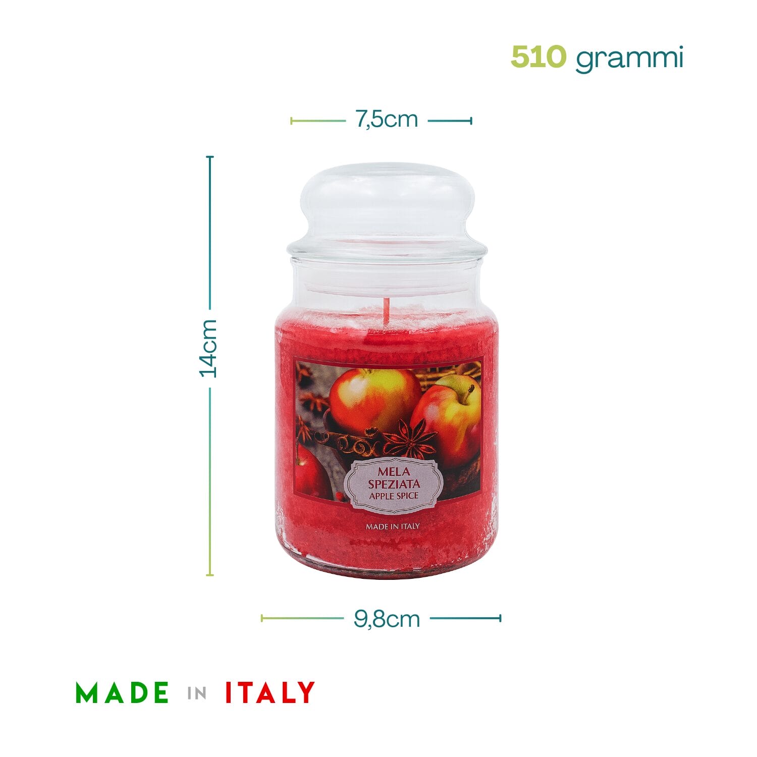 Candela mela speziata rossa 510g con misure 14x9,8 cm Made in Italy