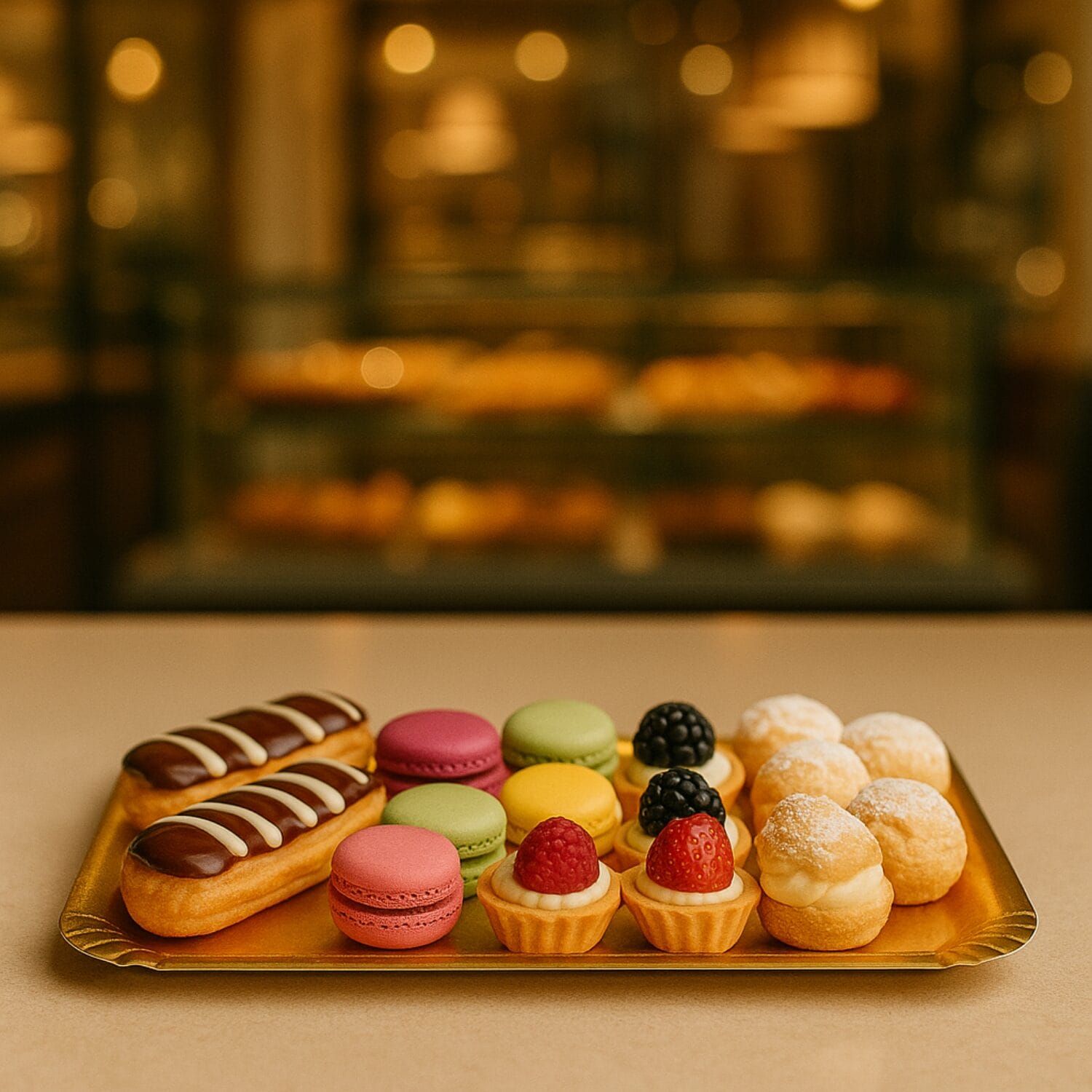 Vassoio cartone oro con pasticcini, ideale per pasticceria e buffet dolci