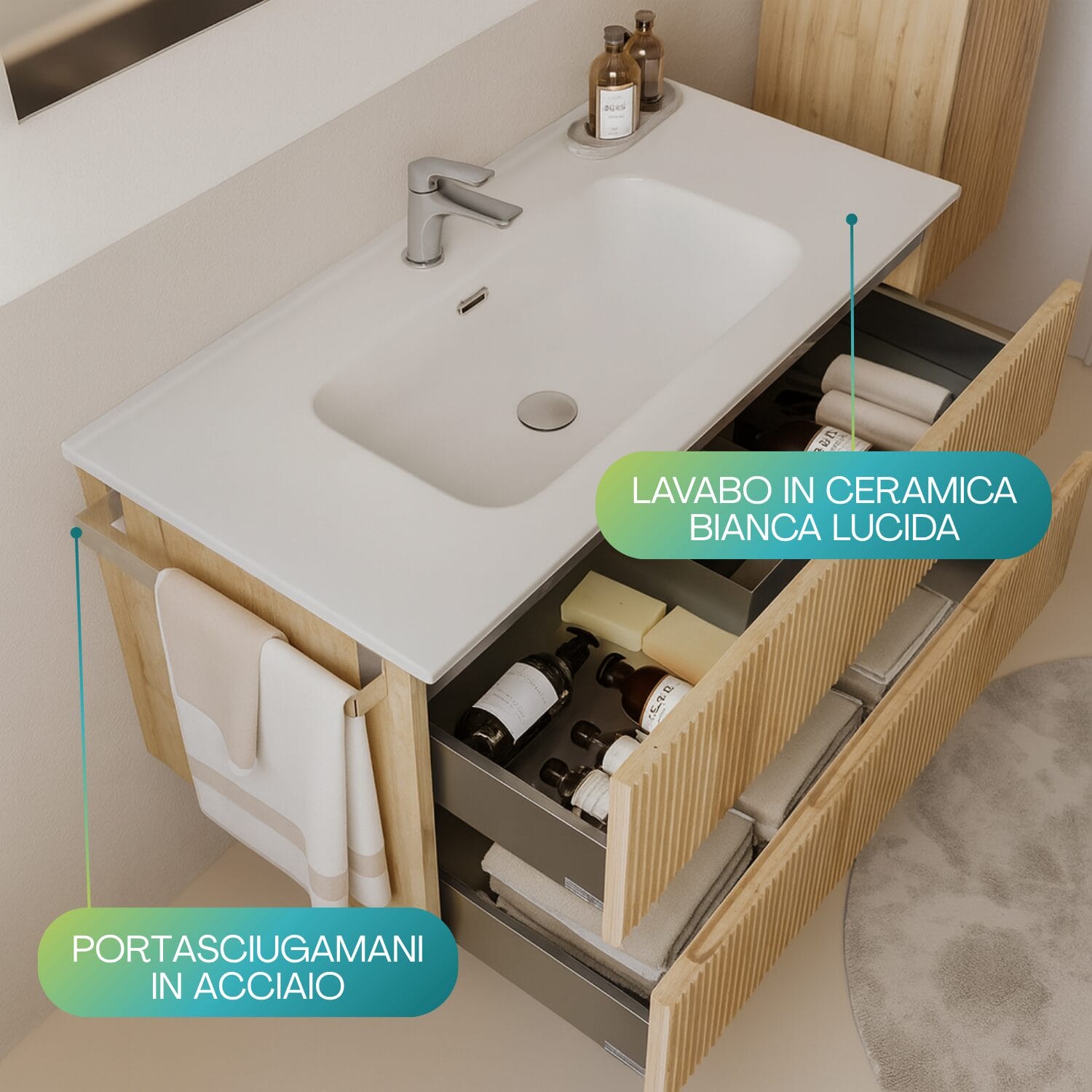 Lavabo in ceramica bianca lucida con portasalviette in acciaio integrato