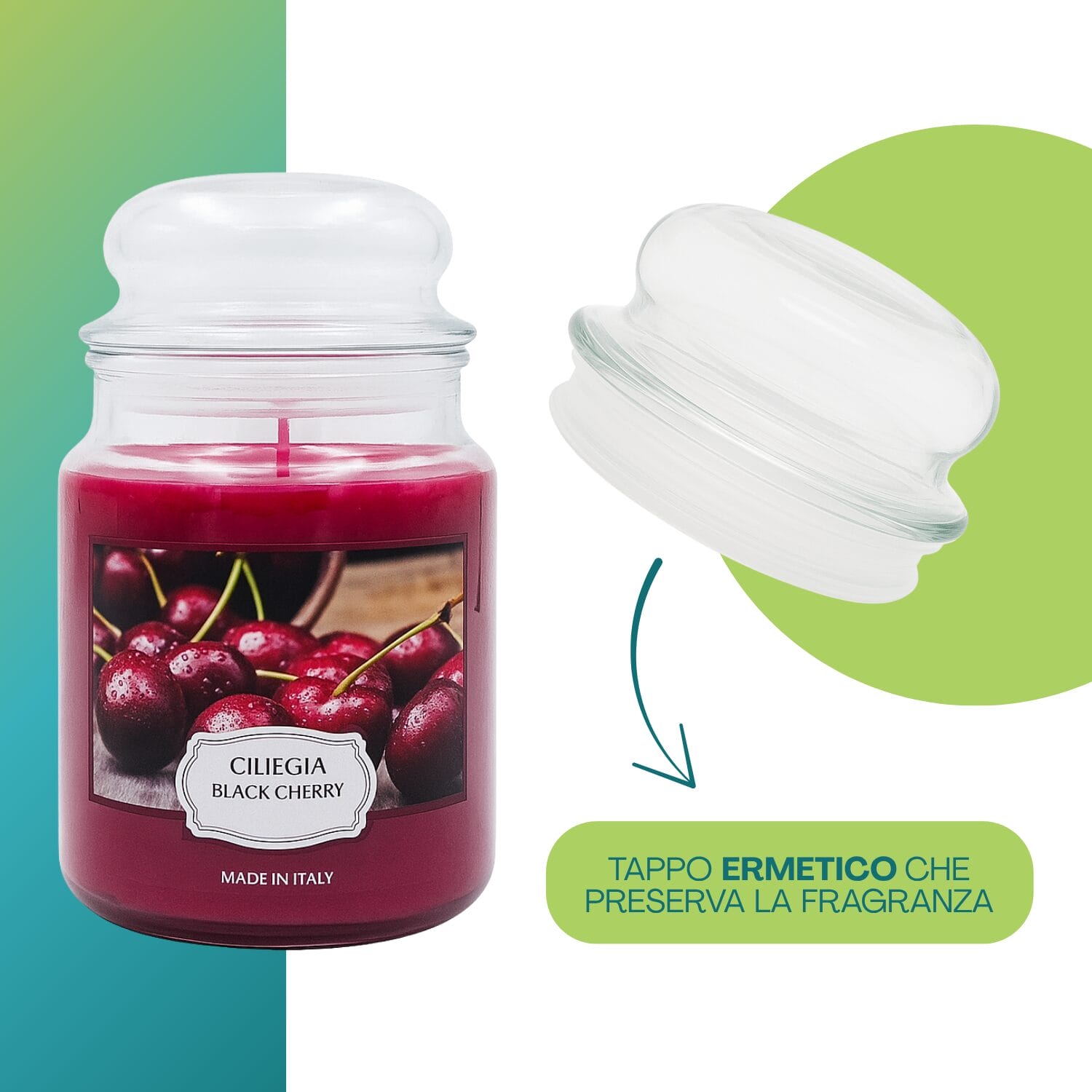 Candela Black Cherry con tappo ermetico salva fragranza