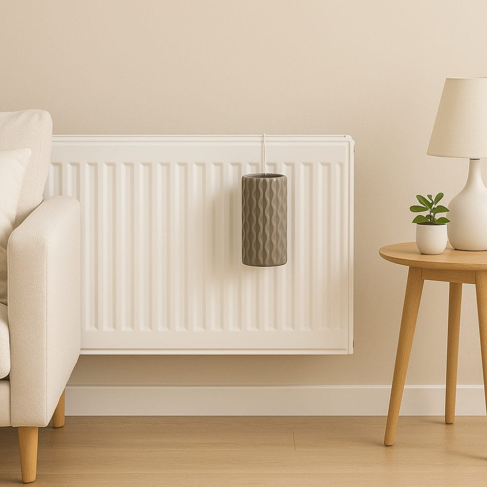 Umidificatore in ceramica appeso al termosifone in ambiente domestico