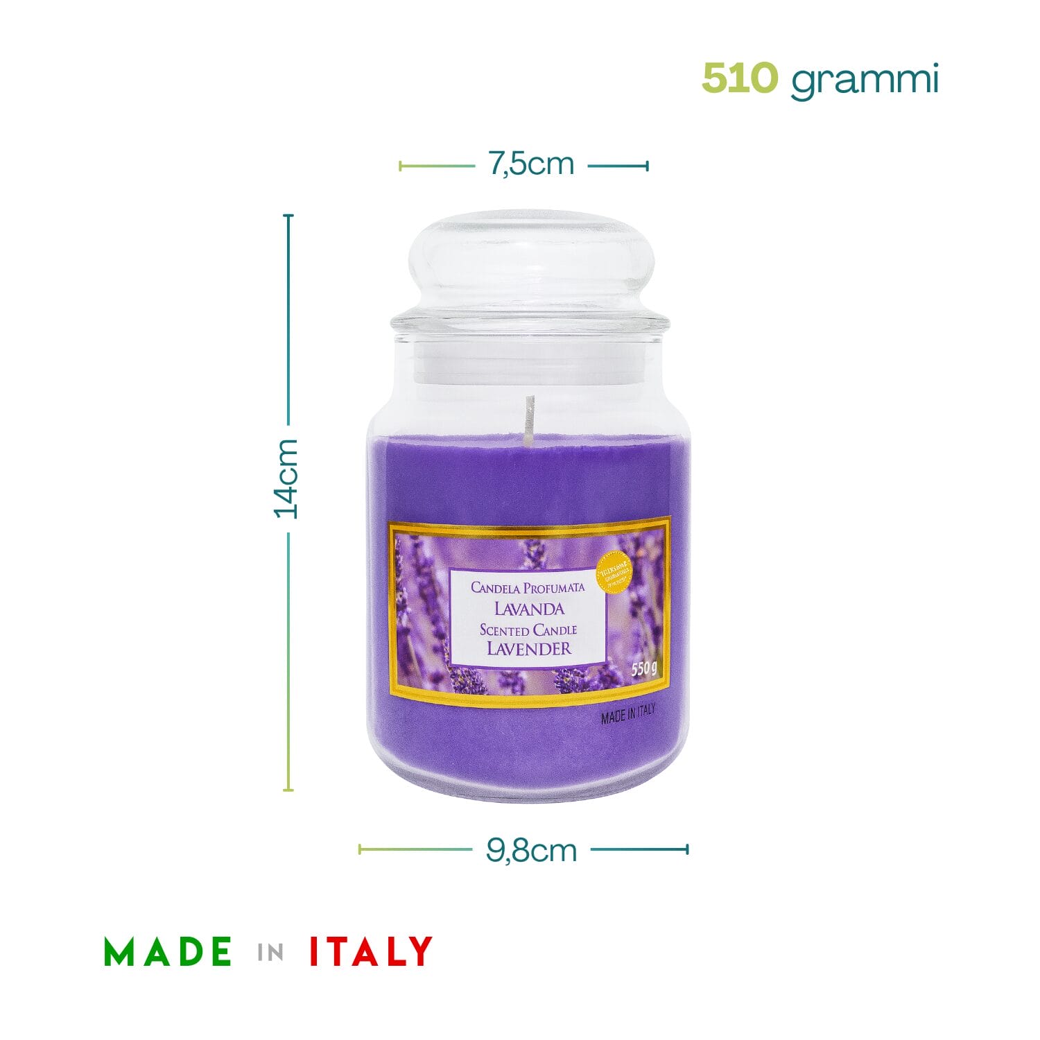32-candela-lavanda-misure Candela lavanda viola 510g con misure 14x9,8 cm Made in Italy