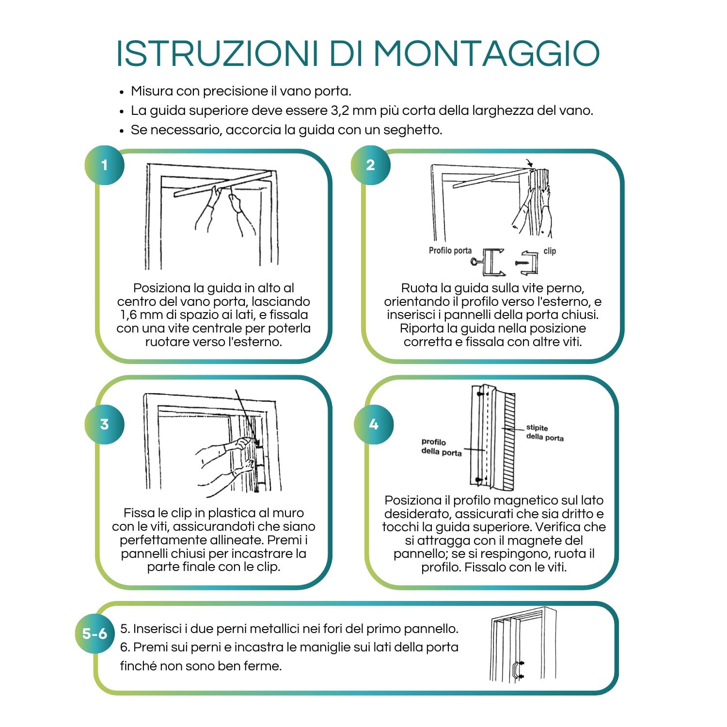 Istruzioni montaggio porta a soffietto in PVC con guida superiore e maniglia ergonomica