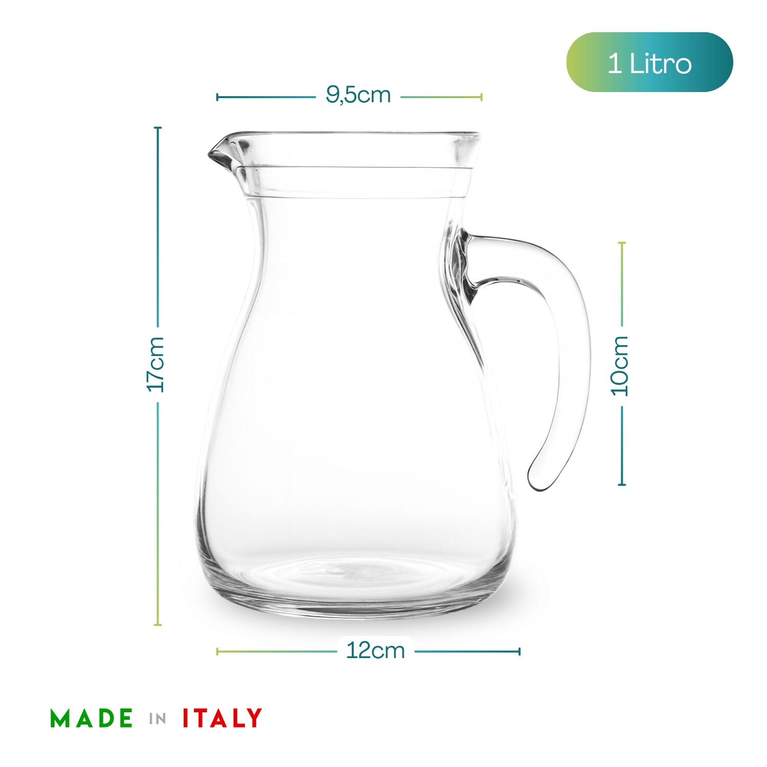 Dimensioni brocca in vetro 1 litro 17x12x9,5 cm Made in Italy