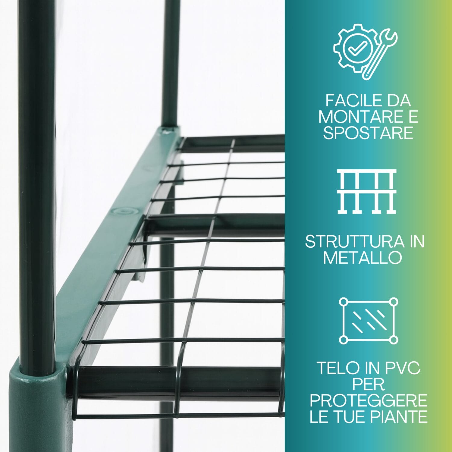 Dettaglio serra a 2 ripiani con struttura in metallo e telo protettivo in PVC