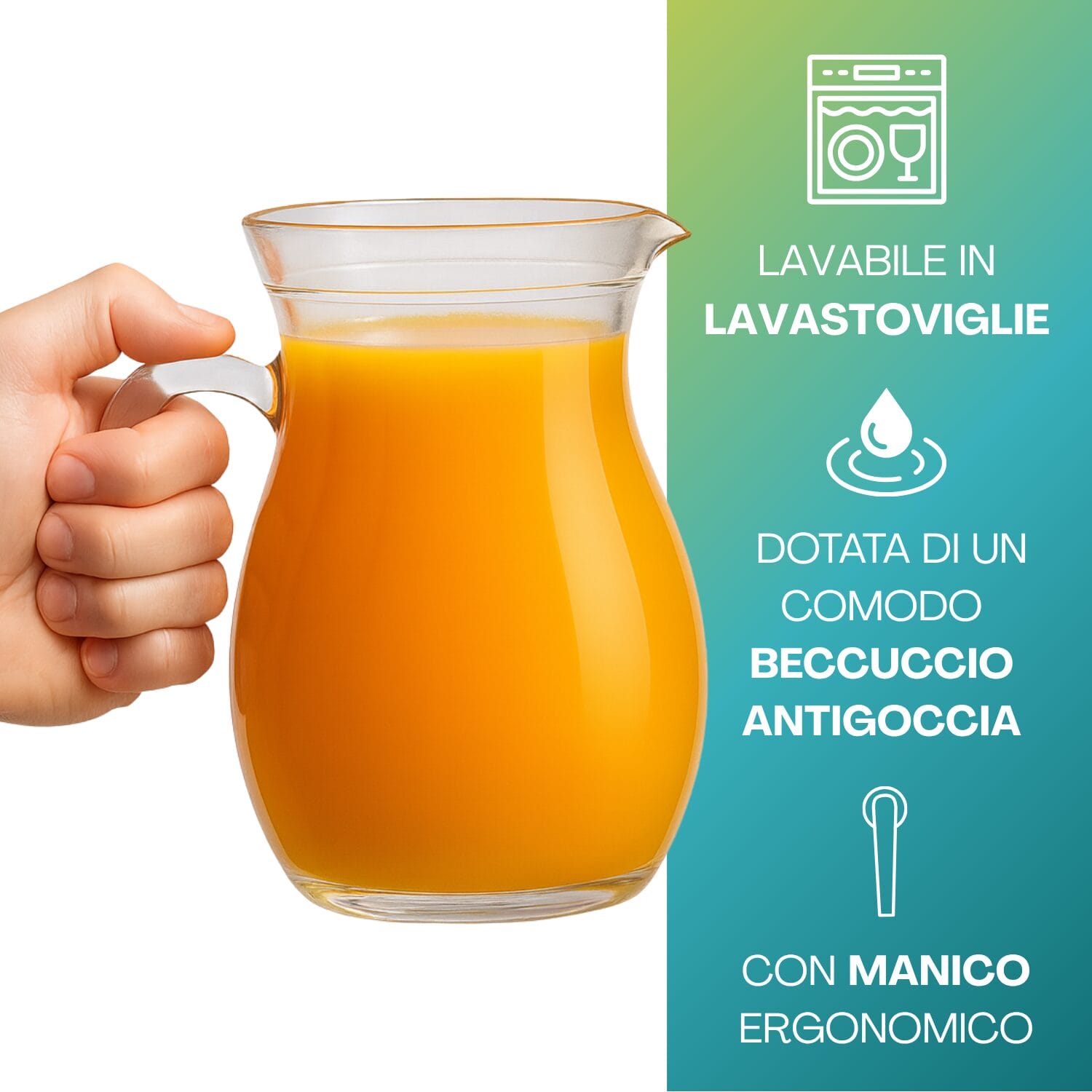 Brocca in vetro con manico ergonomico e beccuccio antigoccia lavabile