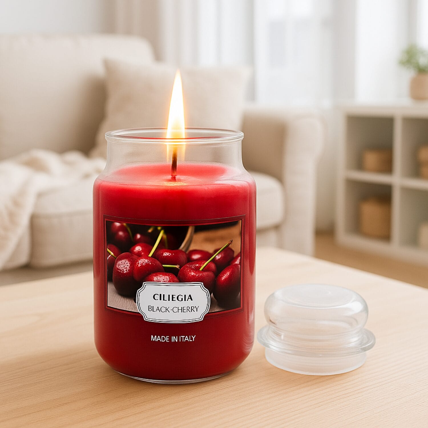 Candela profumata ciliegia accesa in salotto elegante