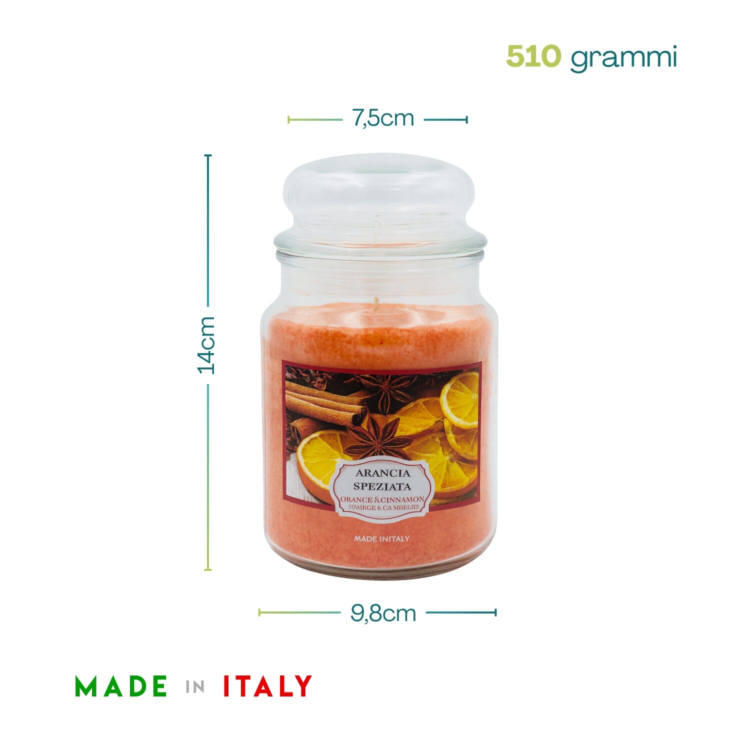 Candela arancia speziata 510g con misure 14x9,8 cm, Made in Italy