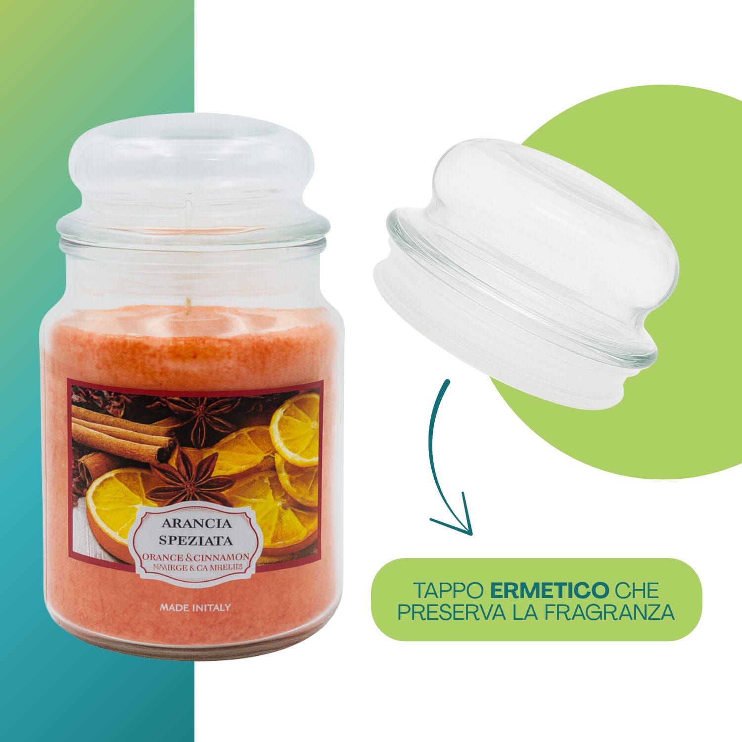 Candela arancia speziata con tappo ermetico salva fragranza