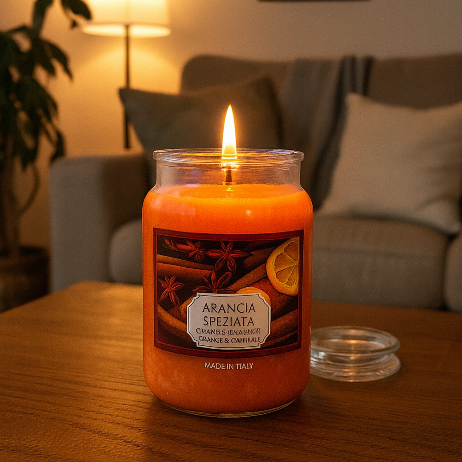 Candela arancia speziata accesa, atmosfera calda e accogliente
