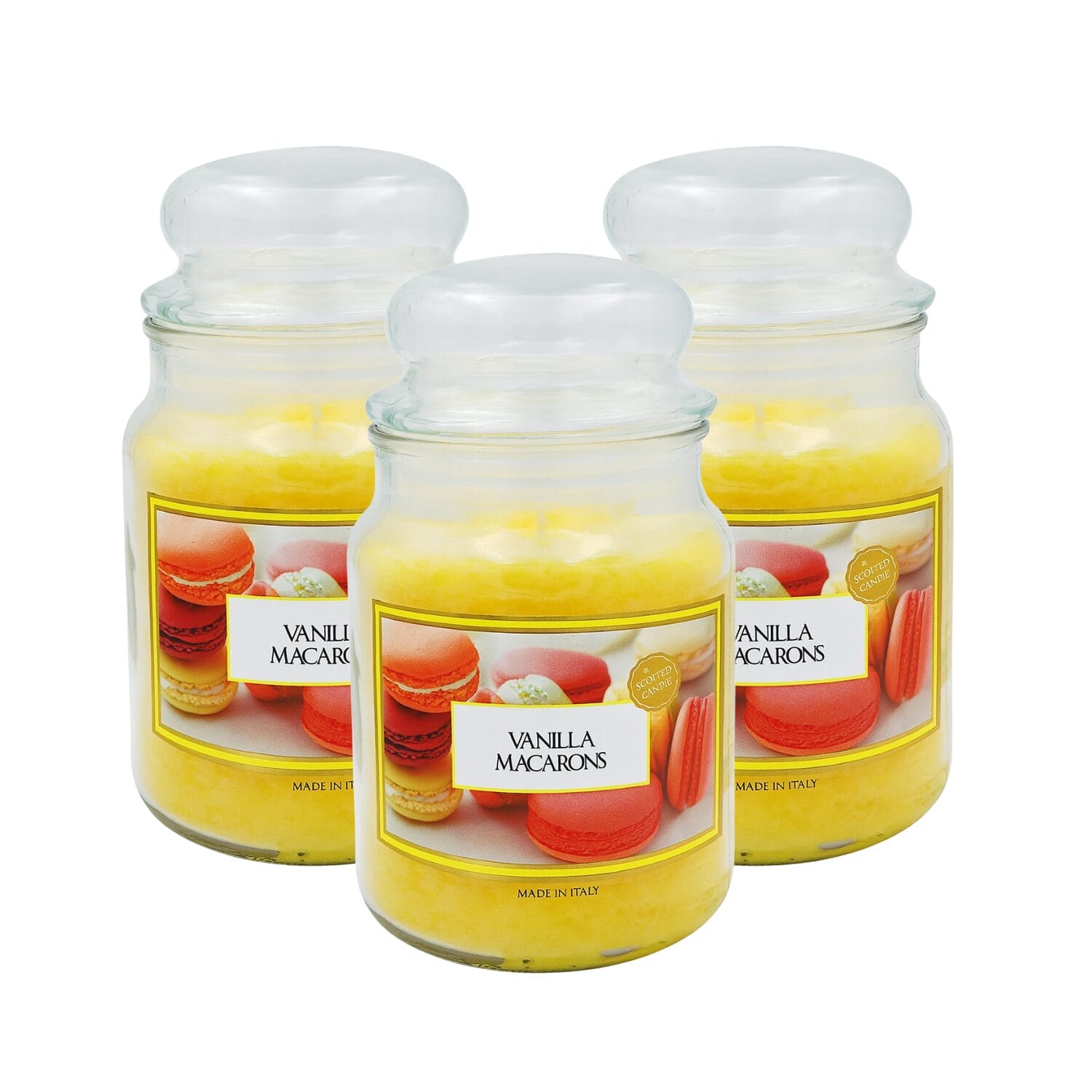 Candela profumata vaniglia macarons in vetro, set 3 pezzi Made in Italy