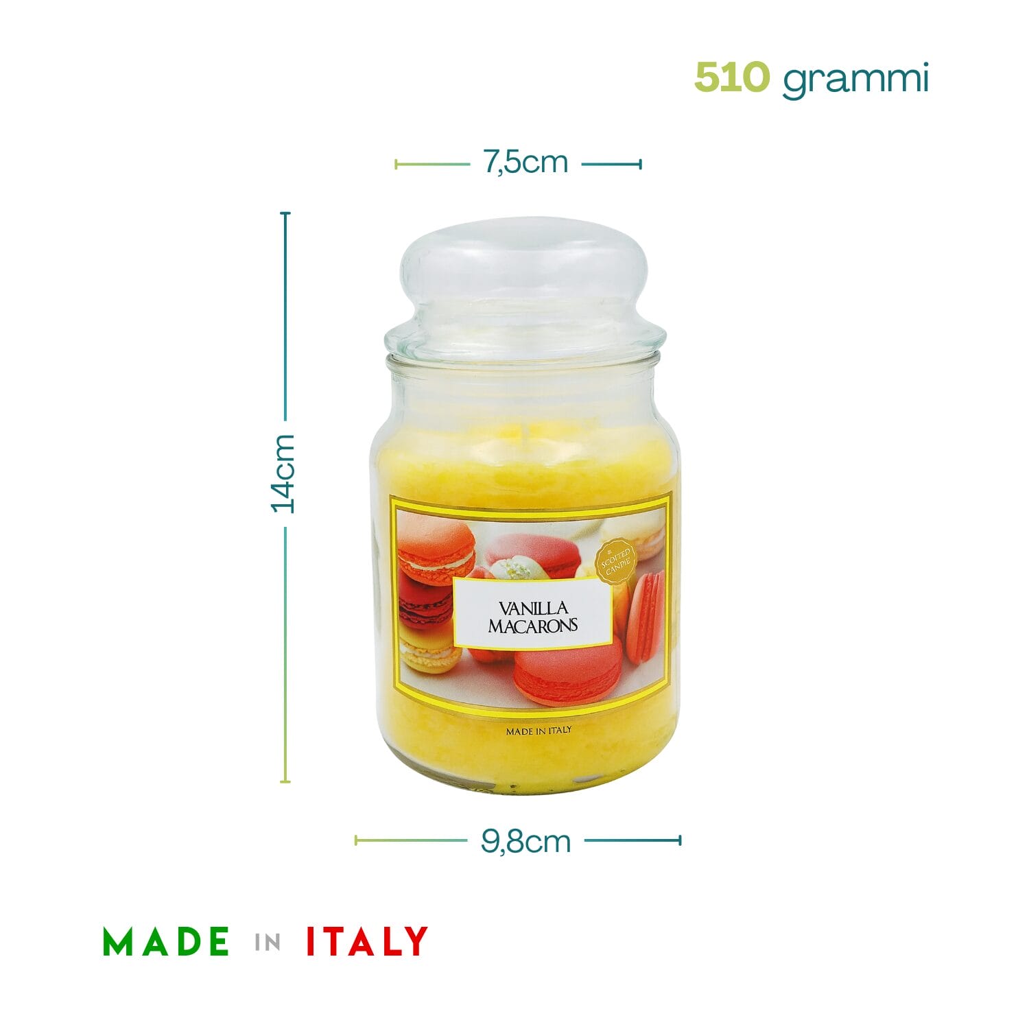 Candela vaniglia macarons 510g con misure 14x9,8 cm, Made in Italy