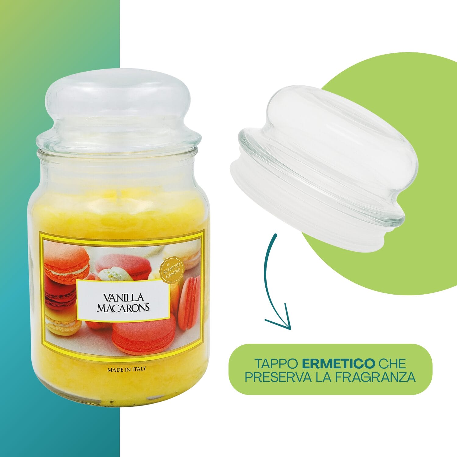 Candela vaniglia macarons con tappo ermetico che preserva aroma