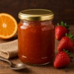 Barattolo in vetro con marmellata artigianale e frutta fresca sul tavolo
