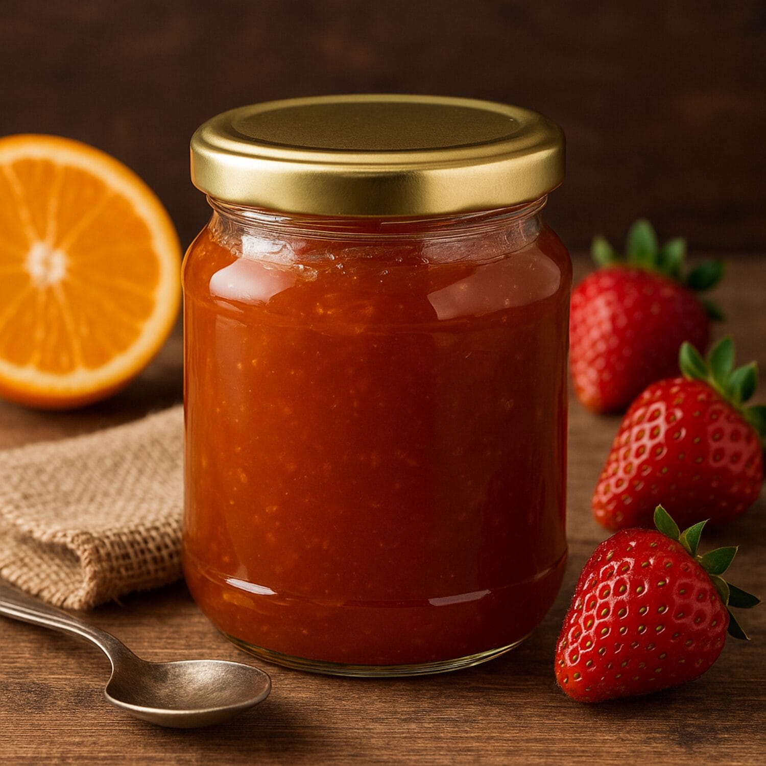 Barattolo in vetro con marmellata artigianale e frutta fresca sul tavolo