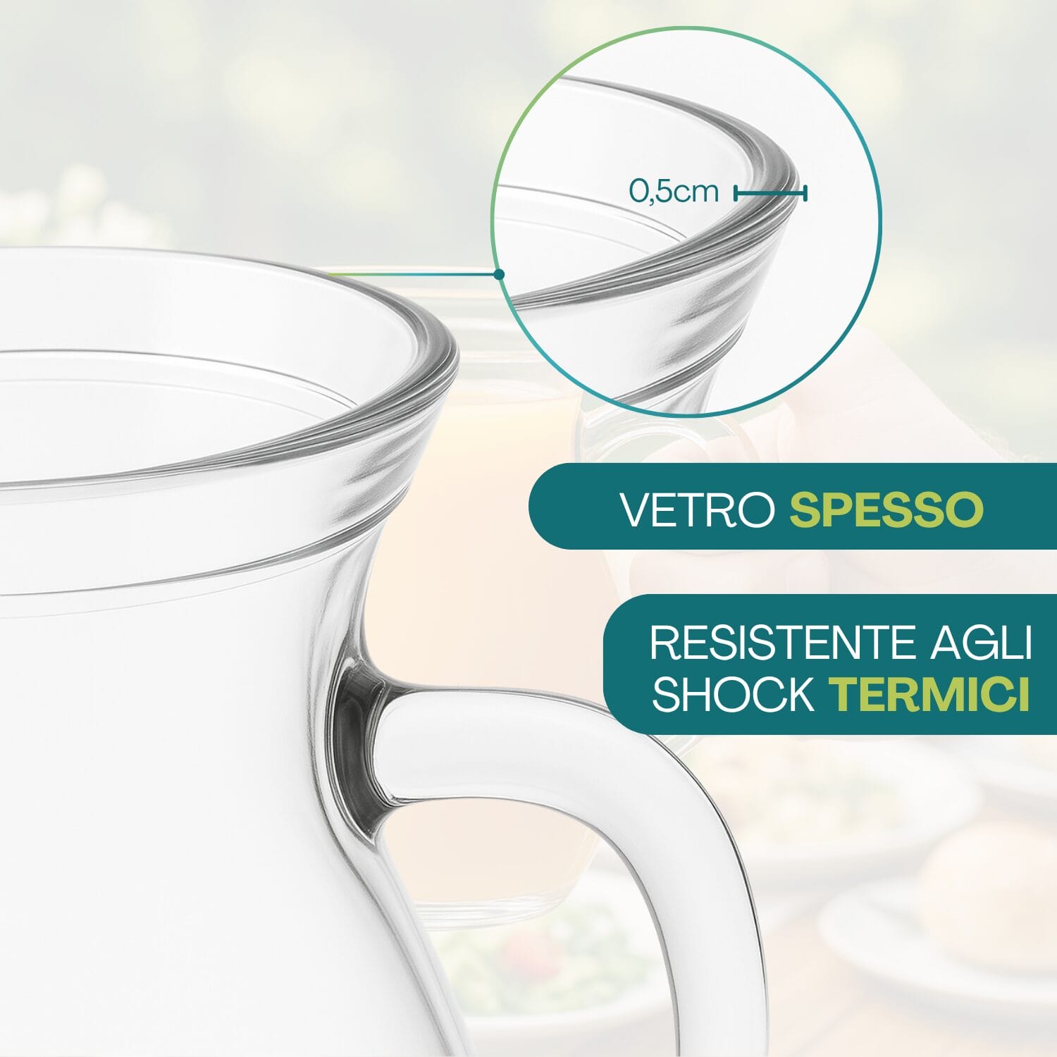 Brocca in vetro spesso resistente agli shock termici e agli urti