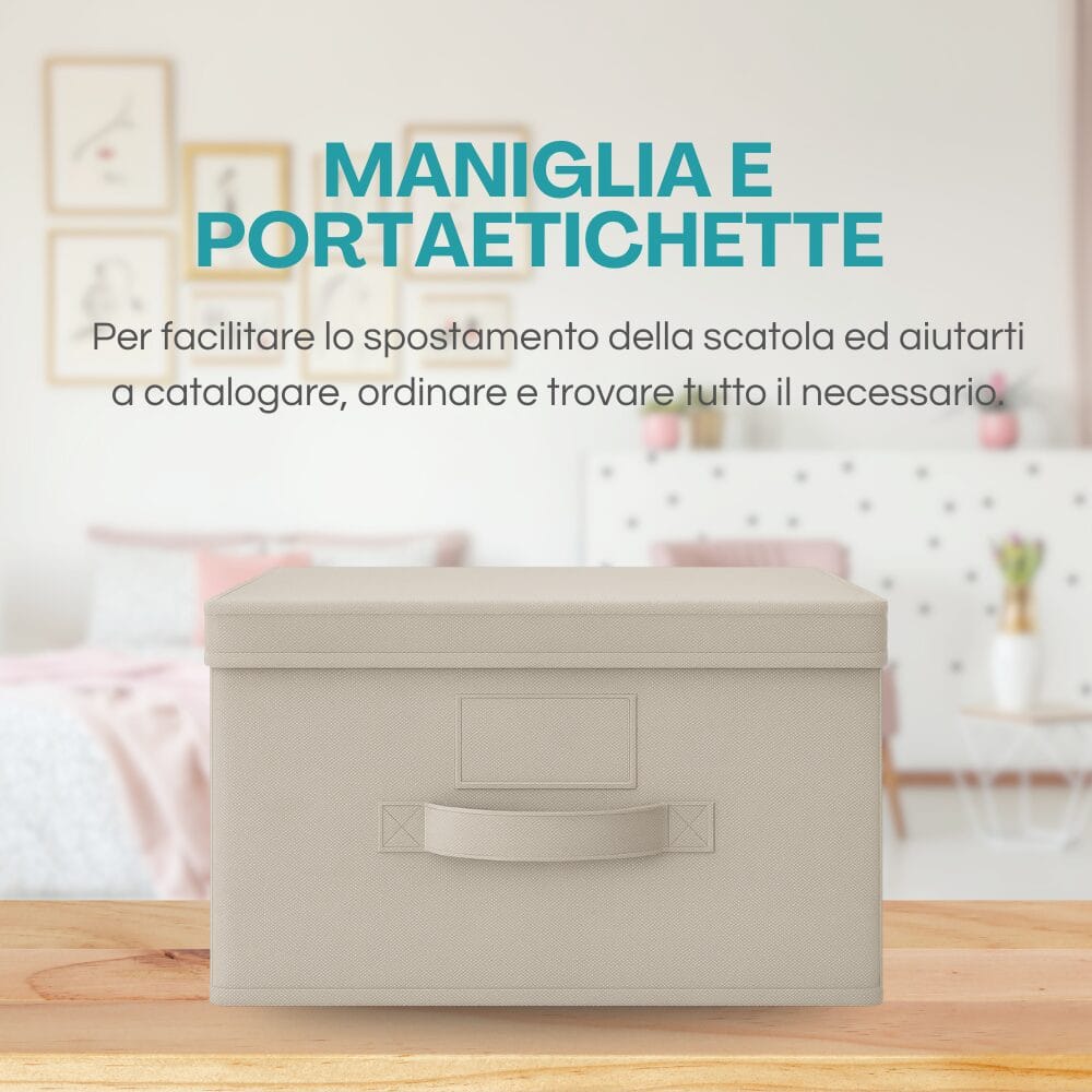 Contenitore Oxford beige con maniglia e porta etichette per facile catalogazione