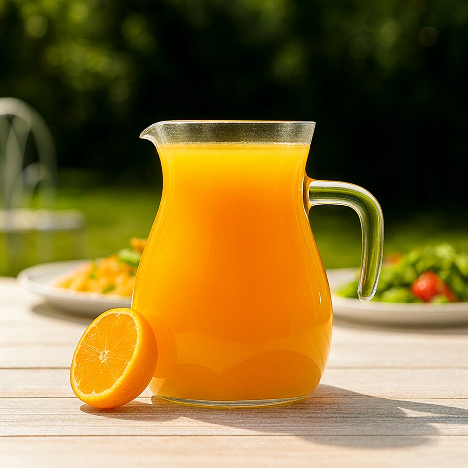 Brocca in vetro con succo d’arancia servita all’aperto su tavolo estivo