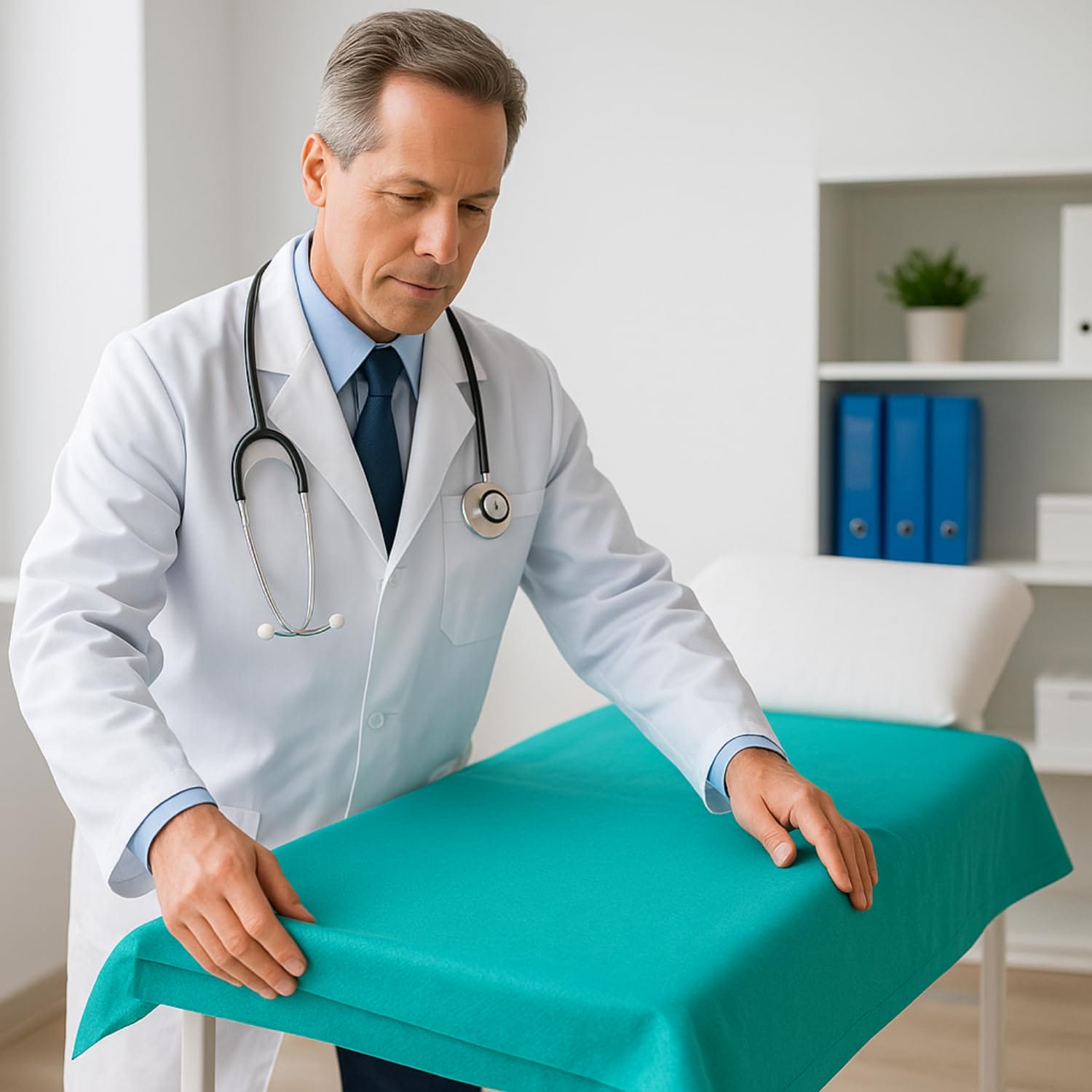 Lenzuolino medico monouso in uso su lettino da visita in ambulatorio