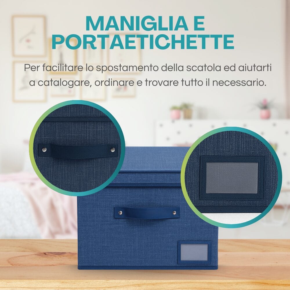 Scatola in tessuto oxford blu con maniglia e portaetichette frontale