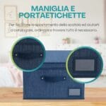 Scatola in tessuto oxford blu con maniglia e portaetichette frontale
