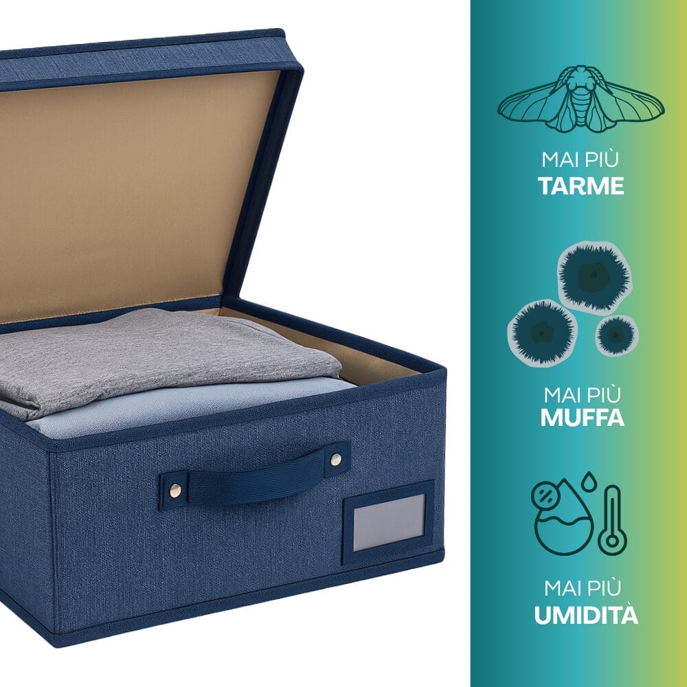 Scatola salvaspazio in tessuto oxford blu anti tarme e muffa