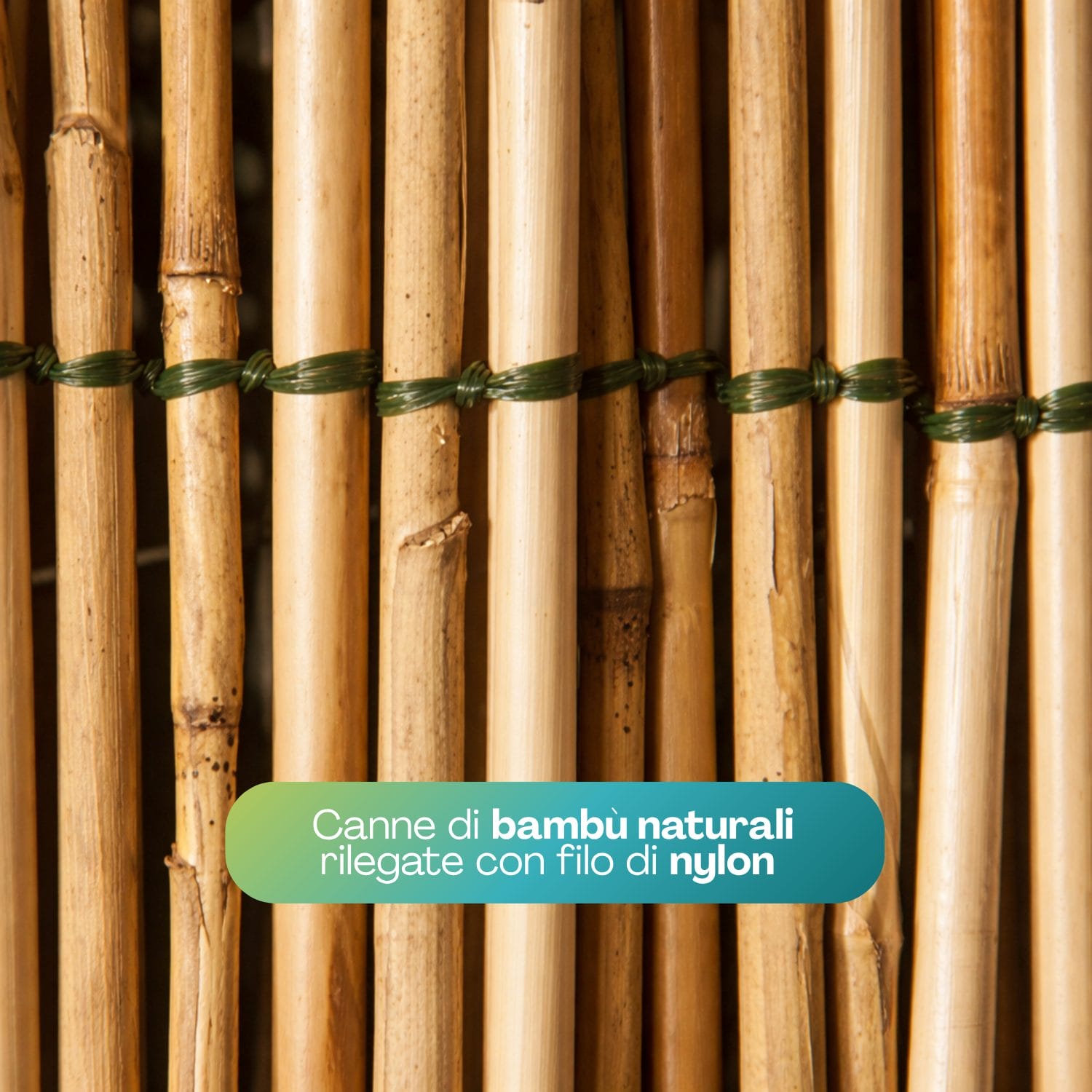 Dettaglio canniccio in bambù naturale legato con filo nylon, arella resistente da esterno