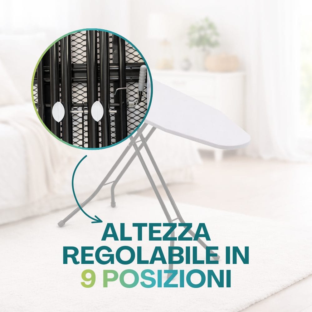 Asse da stiro regolabile in 9 posizioni stabile e pieghevole