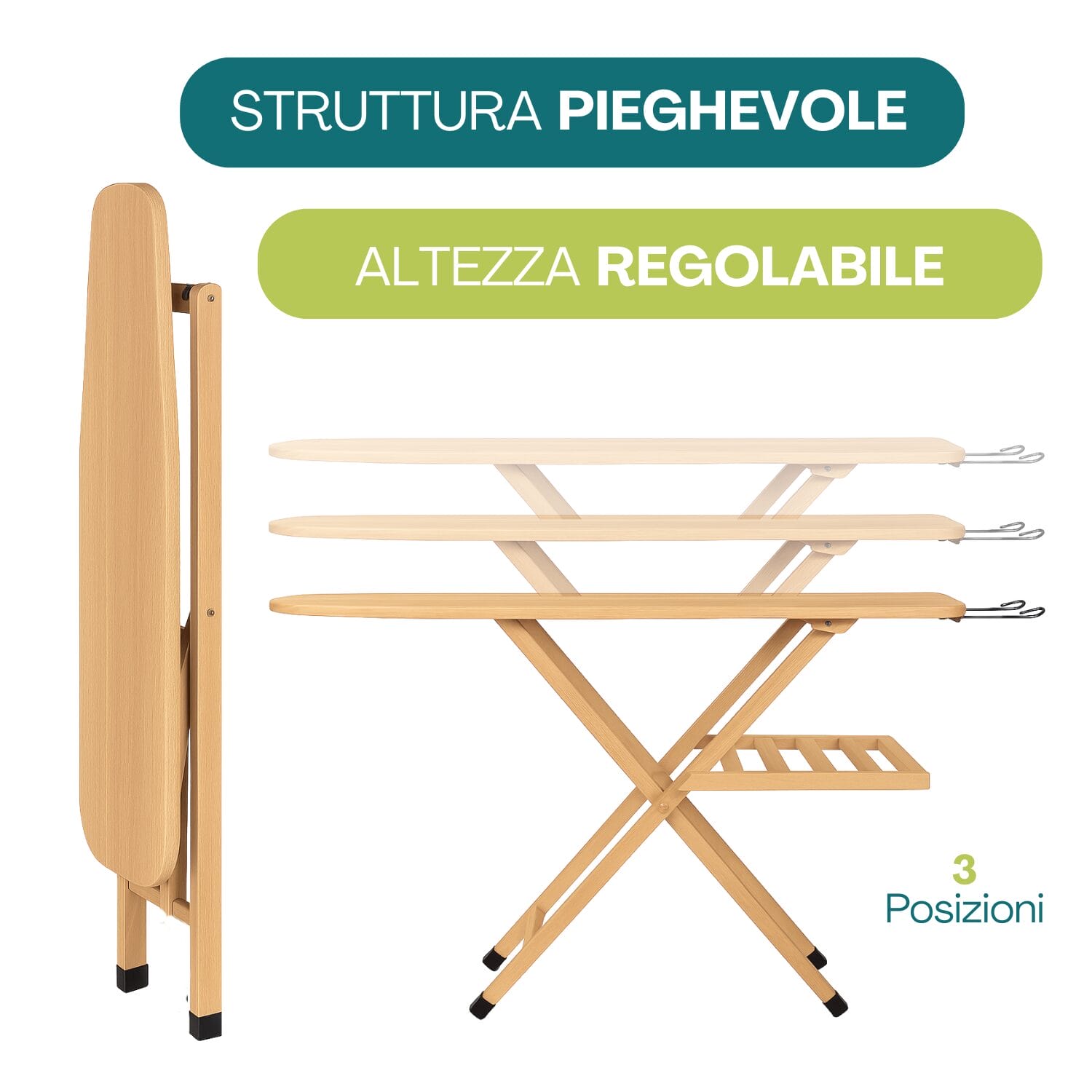 Asse da stiro pieghevole in legno altezza regolabile 3 posizioni