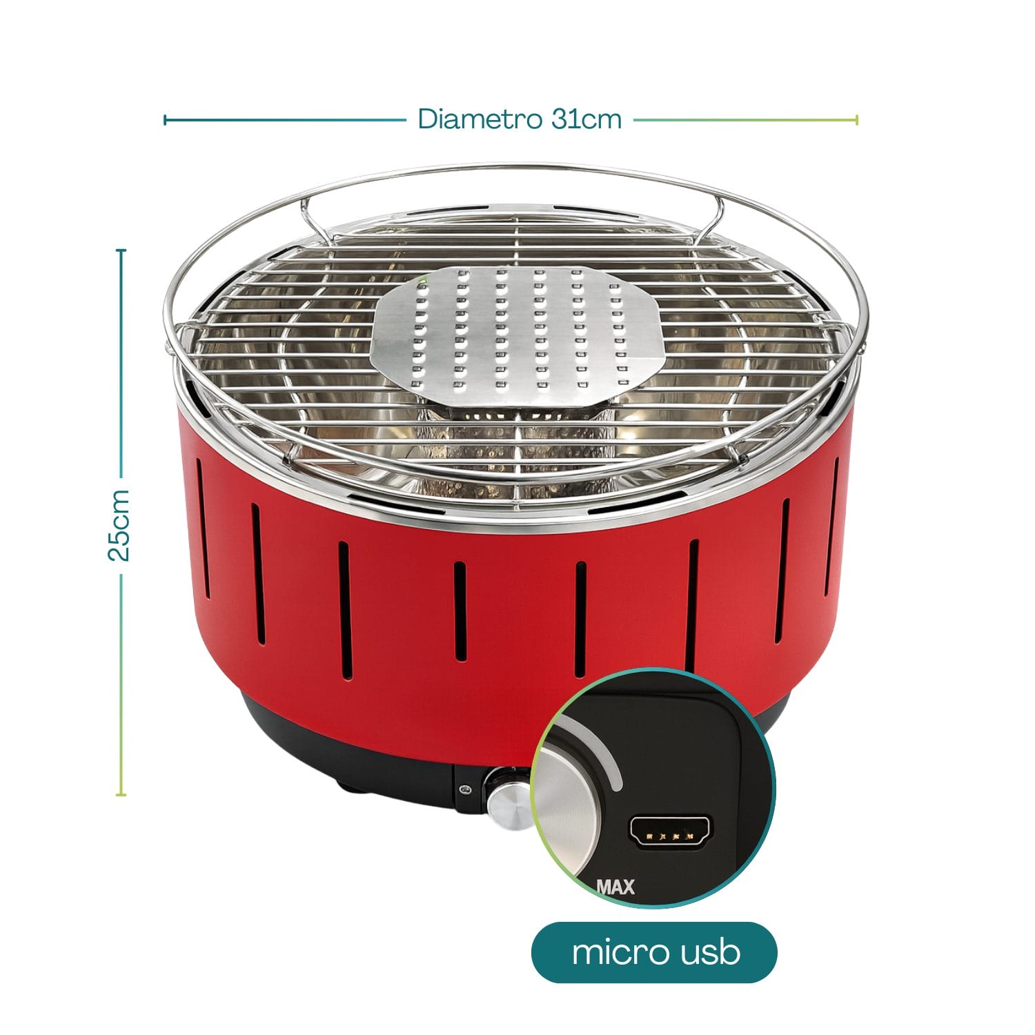 bbq da tavola misure Barbecue da tavolo rosso diametro 31 cm con alimentazione micro USB