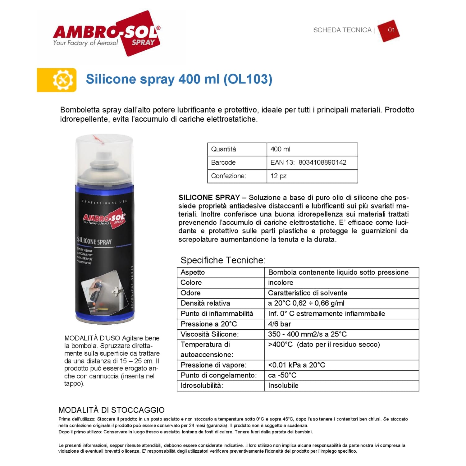 Scheda tecnica spray silicone Ambro-Sol 400 ml con caratteristiche e istruzioni d’uso