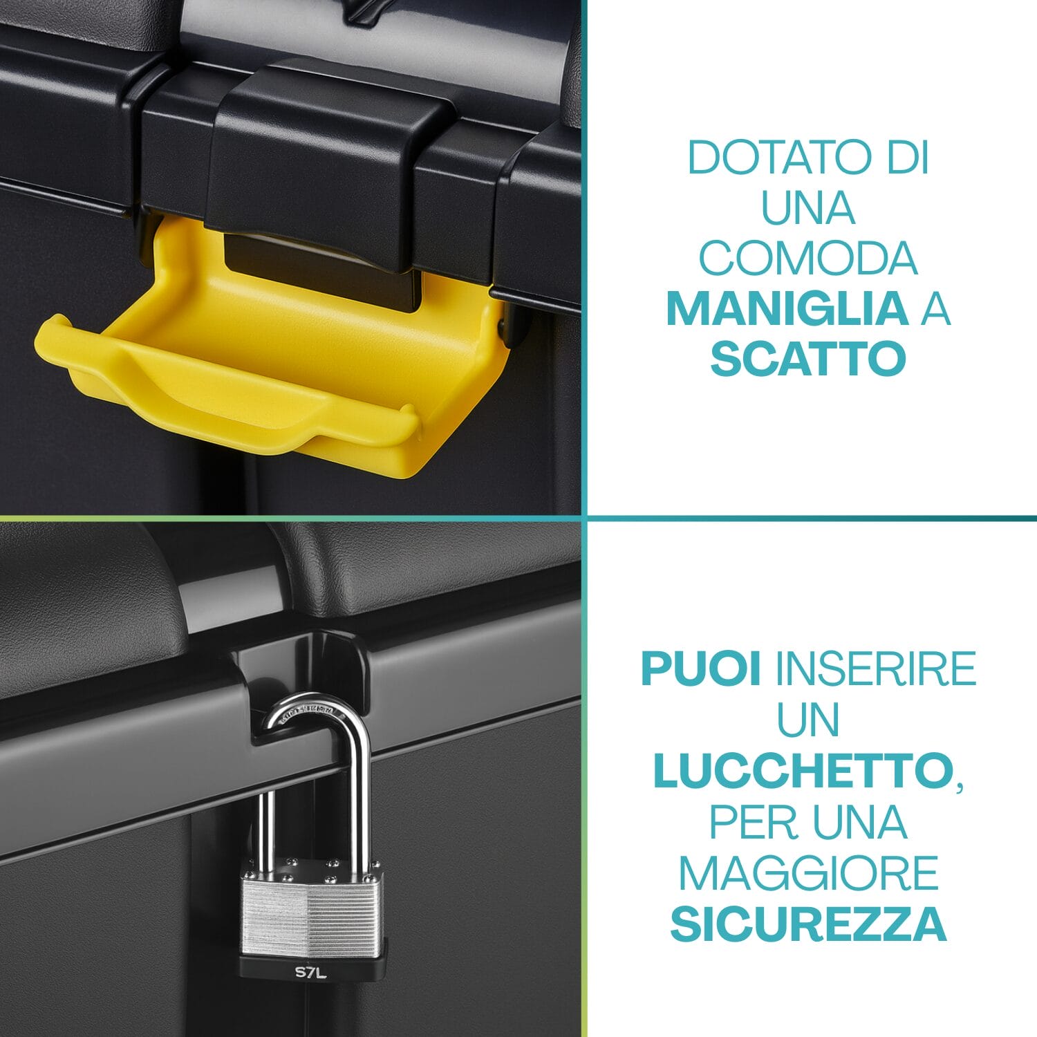 Baule porta attrezzi 150 litri con maniglia a scatto e predisposizione per lucchetto