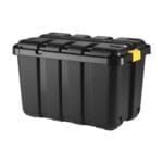 Box porta attrezzi in plastica nera 150 litri con ruote robuste e maniglie gialle