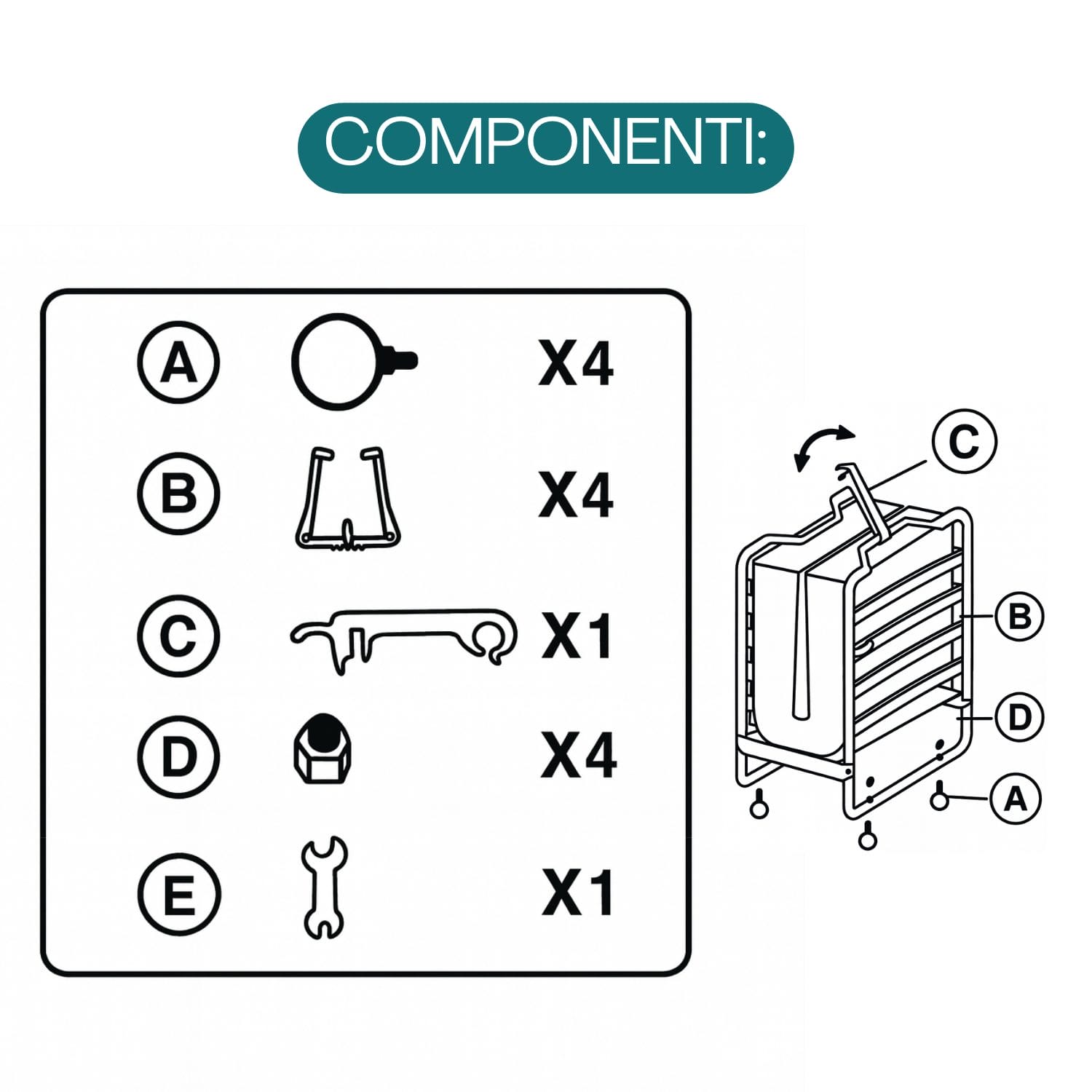 Componenti brandina pieghevole con ruote ganci chiave e kit montaggio