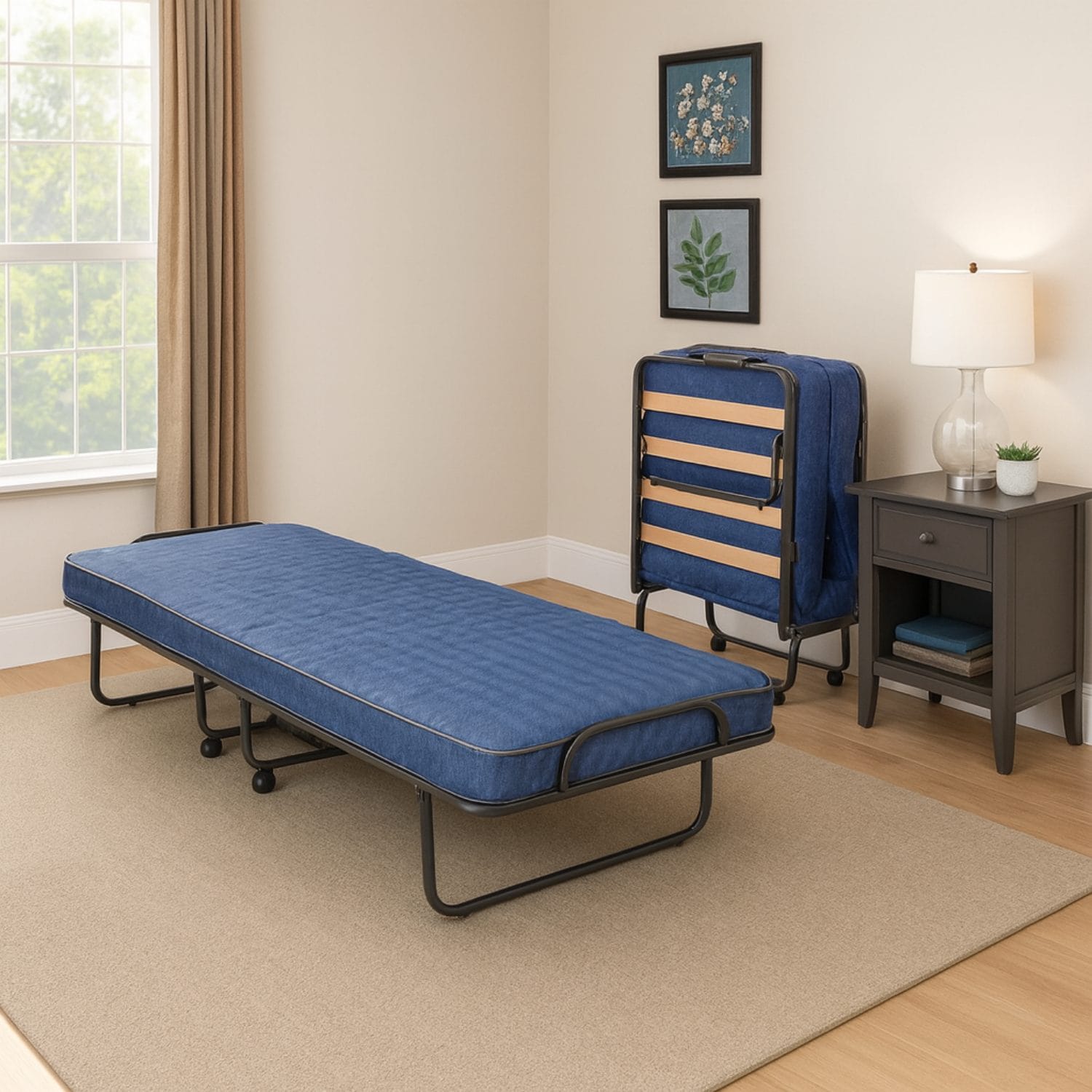 Brandina pieghevole con materasso aperta e chiusa in camera da letto