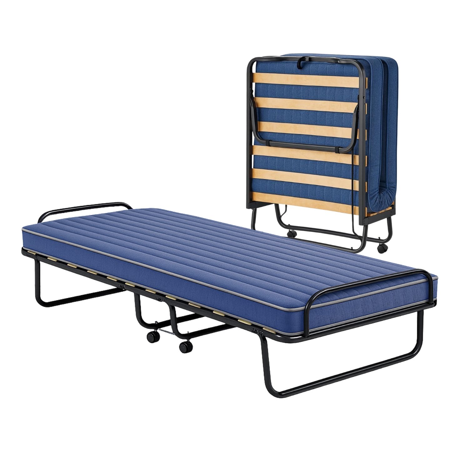 Brandina pieghevole con materasso blu struttura in metallo e ruote