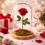 Rosa rossa sotto campana in vetro con base in legno, idea regalo romantica