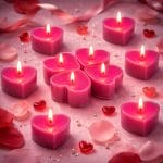 Candele rosa a forma di cuore accese per atmosfera romantica con petali e luci soffuse