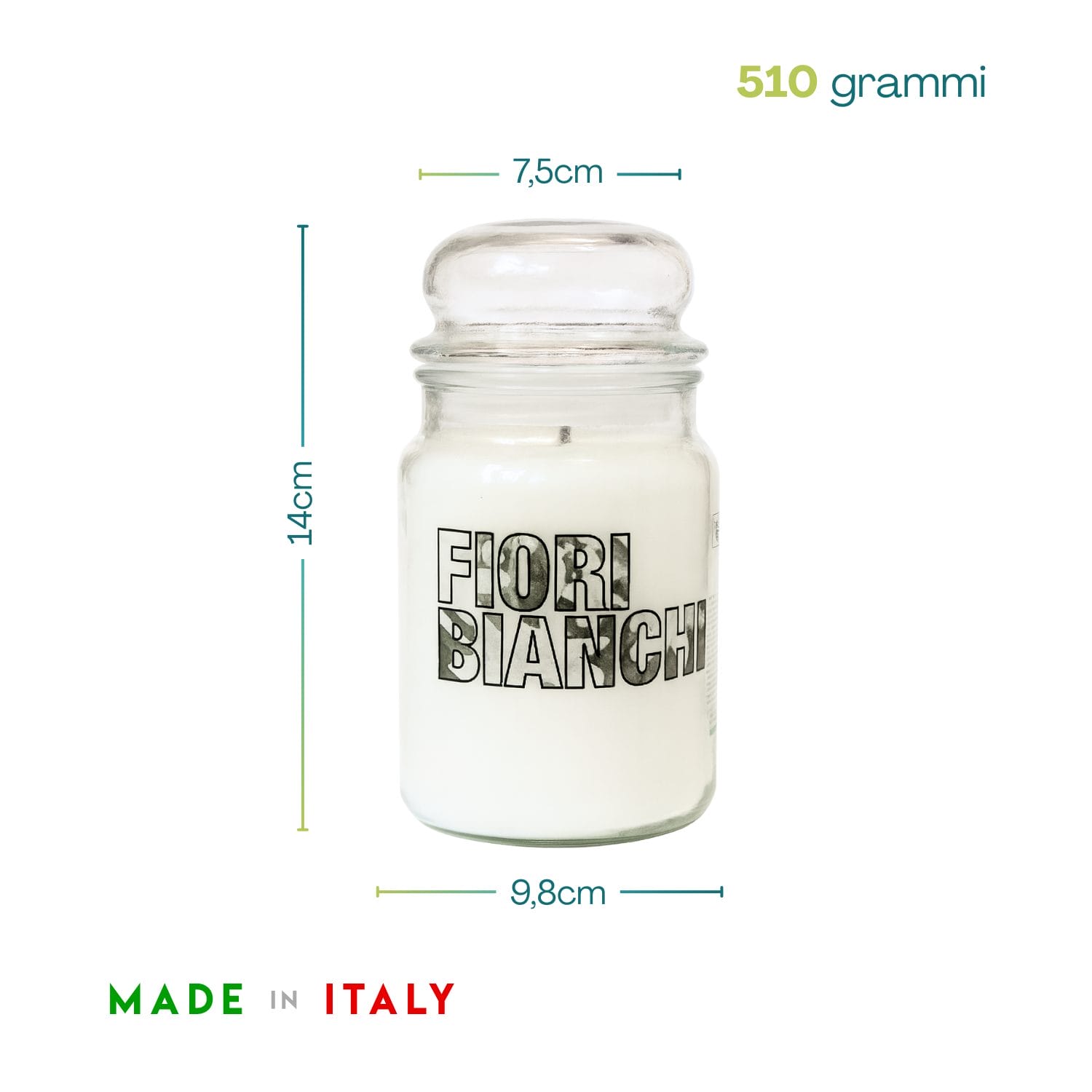 candele in giara misure Candela Fiori Bianchi in vetro con tappo ermetico da 510 grammi e misure 14x9,8 cm