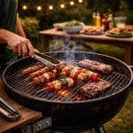 carbone coreografica Grill acceso con carbone vegetale di legna durante una grigliata all’aperto